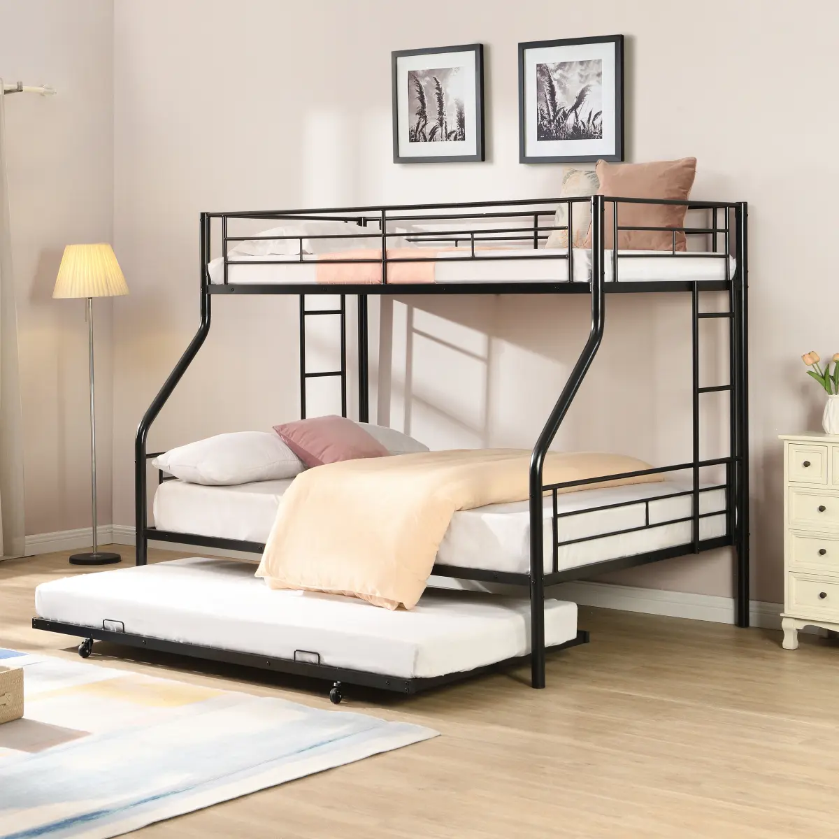 Modern Metal Frame Twin Over Full Stacked Bunk Bed with Trundle - No Box Spring Needed, Easy to Assemble, Fits 2 Sleepers