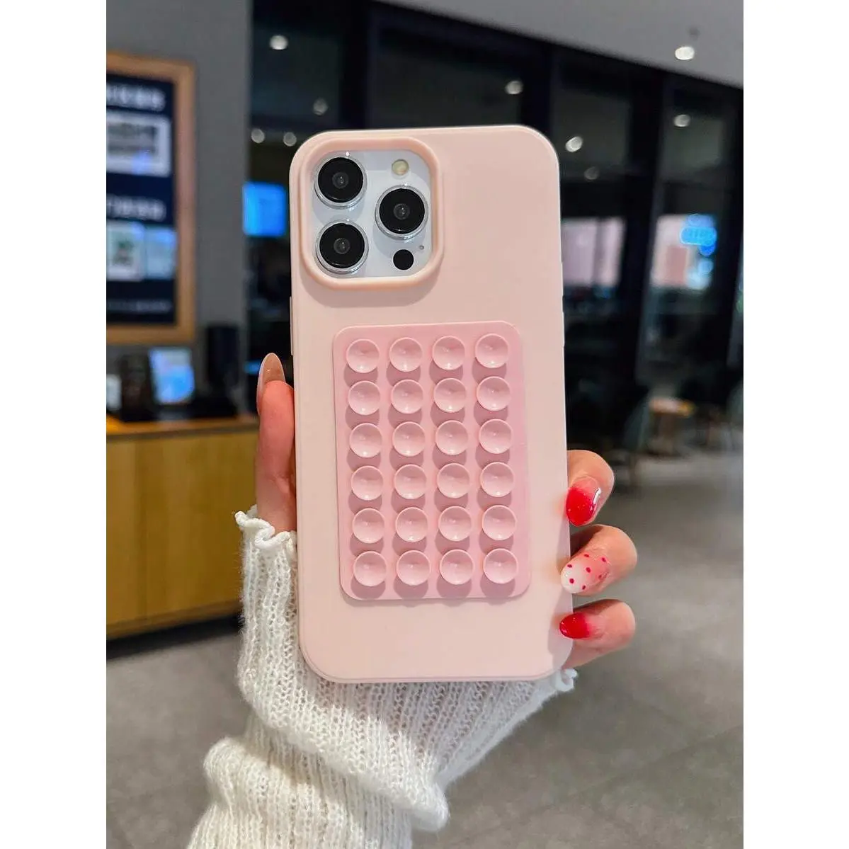 Minimalist Pink Suction Cup Style Silicone Shockproof Solid Color Candy Hole Phone Case Matte Finish Creative Phone Cover With Suction Cup Stand Compatible With Iphone 11 12 13 14 15 16 Plus 13 Pro Max