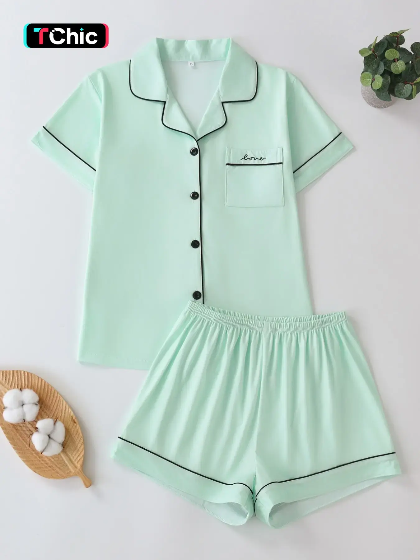 Two-Piece Sweet Style Mint Pajama Set, Unique Pocket Embroidery, Loose Lightweight Short Button Pajamas, Casual Home Sleepwear, Everyday Loungewear