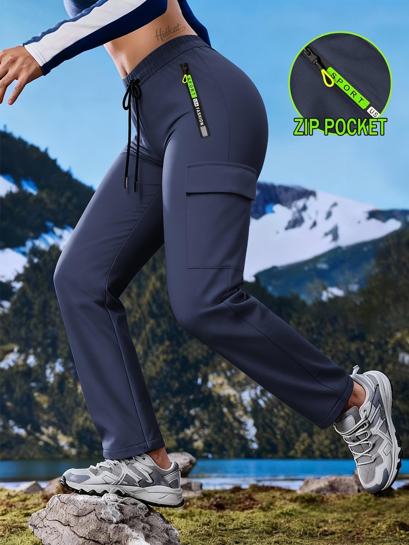 Women's multi pocket zipper workwear straight leg casual pants Drawstring elastic waist outdoor fitness pants Multi colored versatile functional straight leg pants for daily commuting