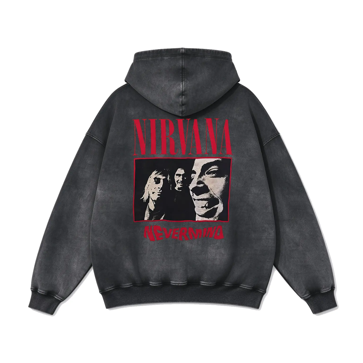 Nirvana Nevermind Kurt Cobain 90s Grunge Rock Band Photo Collage Print Vintage Acid Wash Distressed Washed 400 GSM Heavyweight Unisex Oversize Hoodie Y2K Streetwear Alt Aesthetic Fall Outfit Layering Couple Matching Rock Merch Top