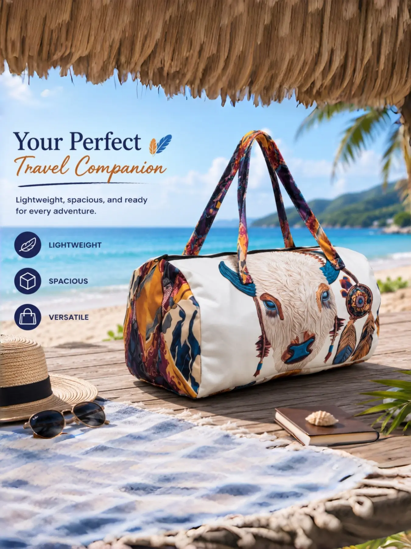 Western Retro Bison Dreamcatcher Duffle Bag, Ethnic Pattern, Reinforced Handles, Smooth Zipper, Large Capacity, Travel Bag for Camping, Fitness, Short Trips