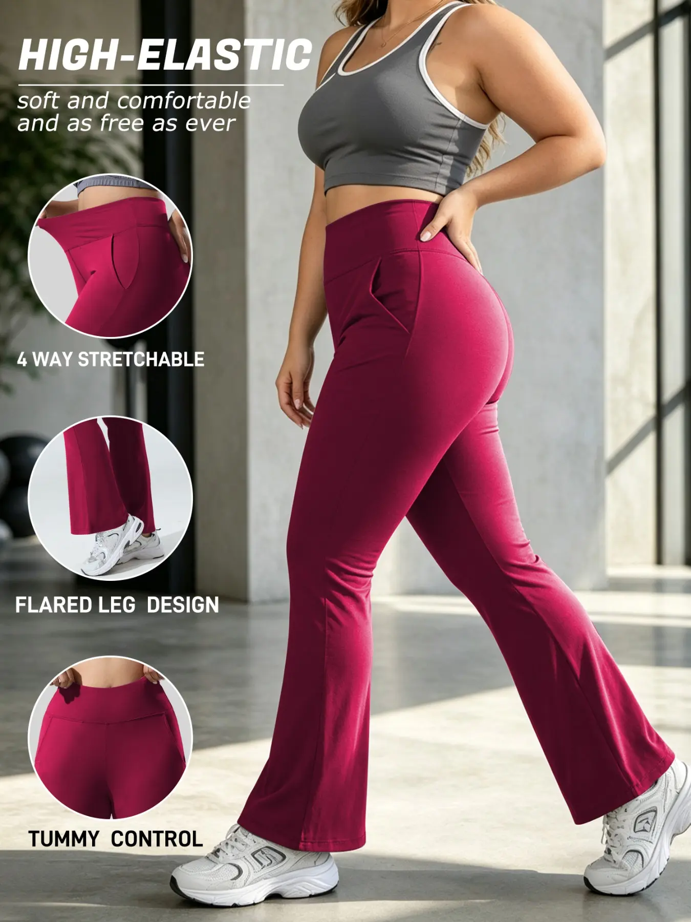 Plus Womens Flared Yoga Pants with Pockets, High Waisted Flare Leggings Bell Bottom Bootcut Yoga Dress Pants