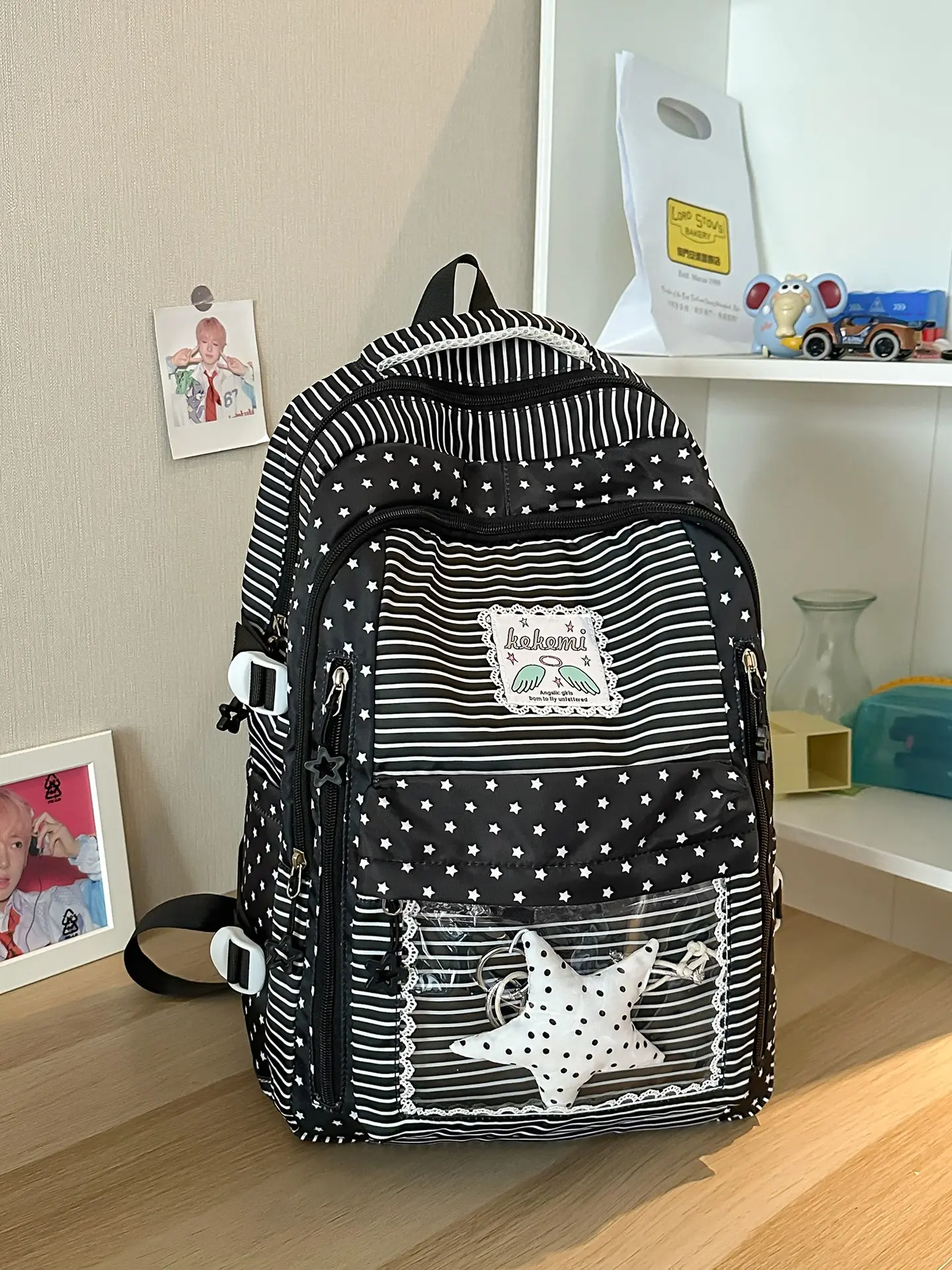 Sweet Striped Star Backpack, Girl's Lace Polka Dot Details, Large Capacity Student Commuter Bag, Lightweight Versatile Daily Backpack, Star Print Backpack