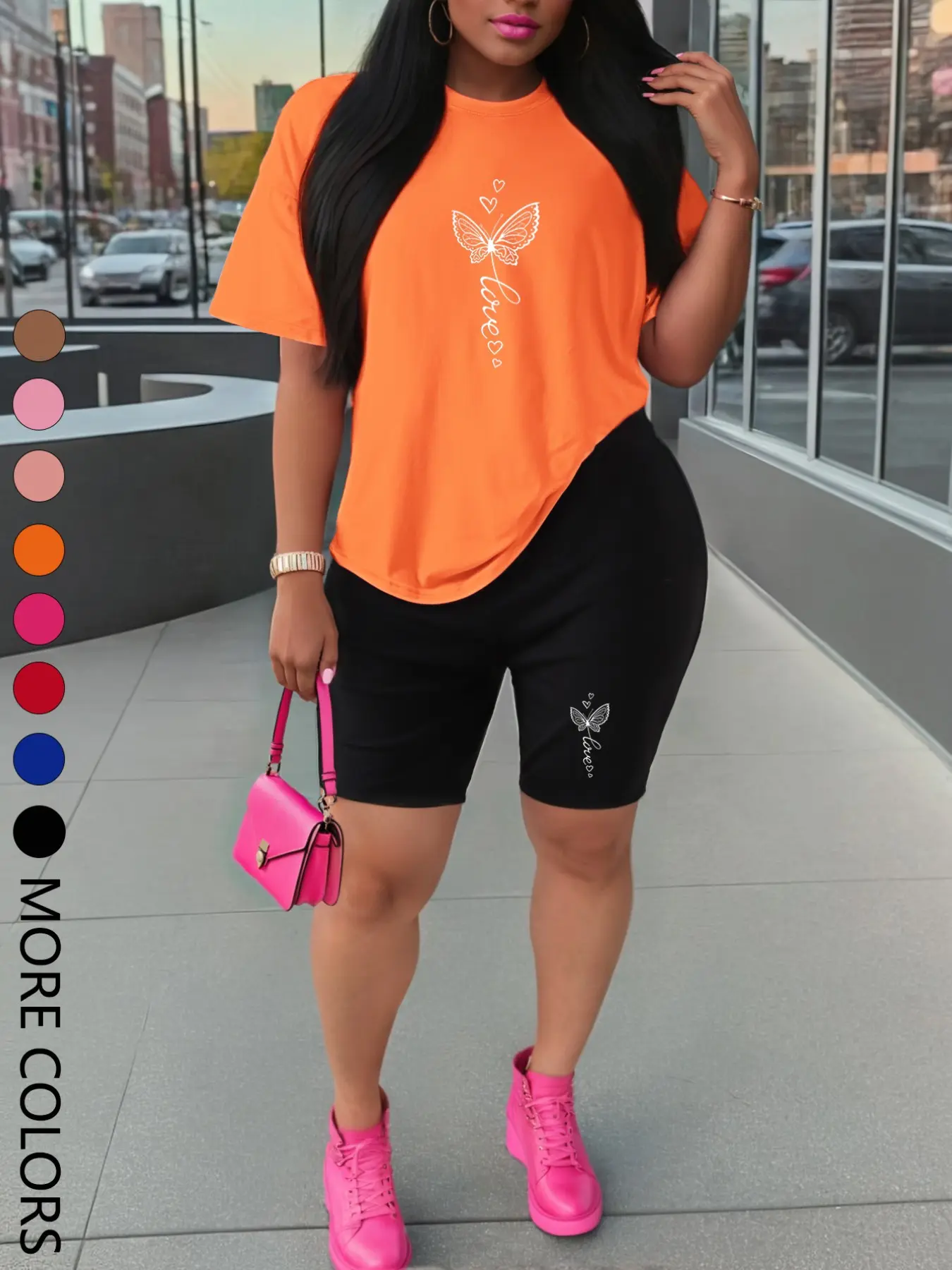 Summer New Short Sleeve Shorts Set, Sporty Butterfly Print, Comfortable Casual, Women's Two-Piece Outdoor Sports Wear