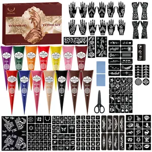 Deergirl Henna Temporary Tattoo Kit, 7 Colors Natural Henna Cones with 200+ Reusable Henna Stencils, Professional Temporary Mehndi Tattoo Supplies for Women, DIY Hand Body Art Tattoo Sticker Set for Festival Wedding Party