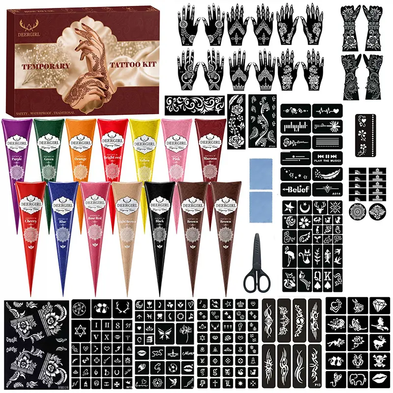 Professional natural henna temporary tattoo kit with multi-color plant henna cones & over 200 reusable hollow stencils. Skin-friendly DIY body art for women, create exotic temporary tattoos for weddings, festivals and parties easily.