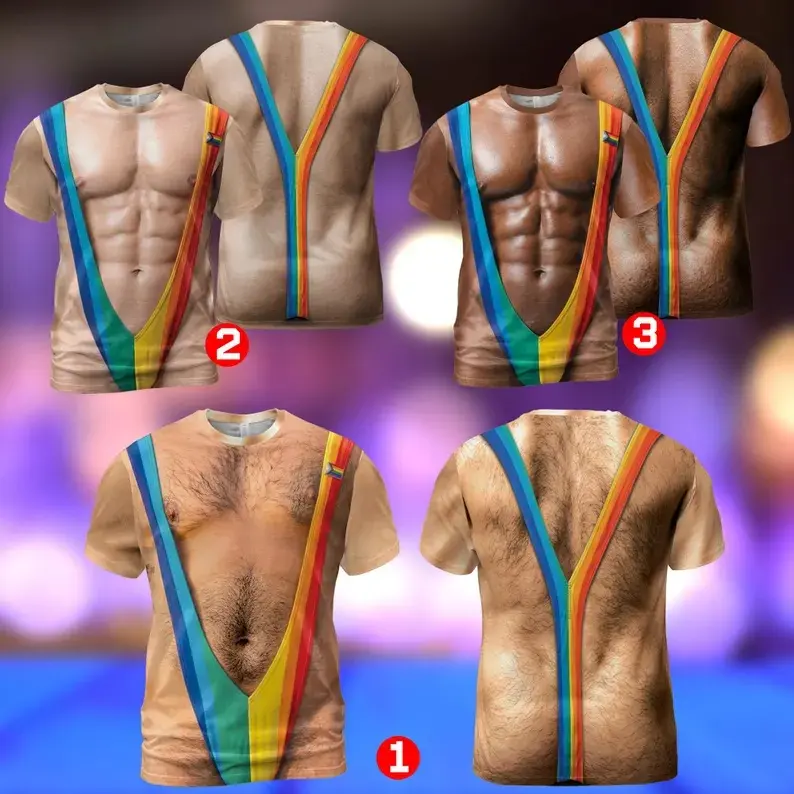 Funny Rainbow Mankini T-Shirt, 3D Fake Muscle Six Pack Abs Shirt, Pride Festival Outfit, Hairy Chest Illusion Shirt, Novelty Costume Gift