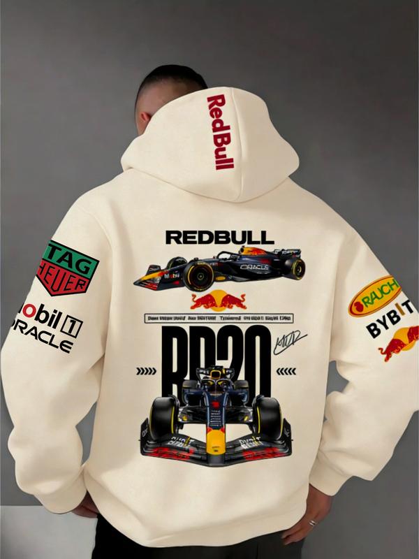 Men's Hooded Sweatshirt F1 Racing Team Collaboration Print Design, Cotton Fleece Material, Loose Fit Mid-Length, and ' Bull Rb20' Racing Theme Men's Hooded Sweatshirt F1 Racing Team Collaboration Print Design, Cotton Fleece Material, Loose Fit Mid-Length, and ' Bull Rb20' Racing Theme