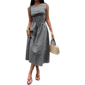 Summer Maxi Dresses for Women 2026 Smocked Waist Gingham Dress Flowy A Line Beach Long Sundresses with Pockets