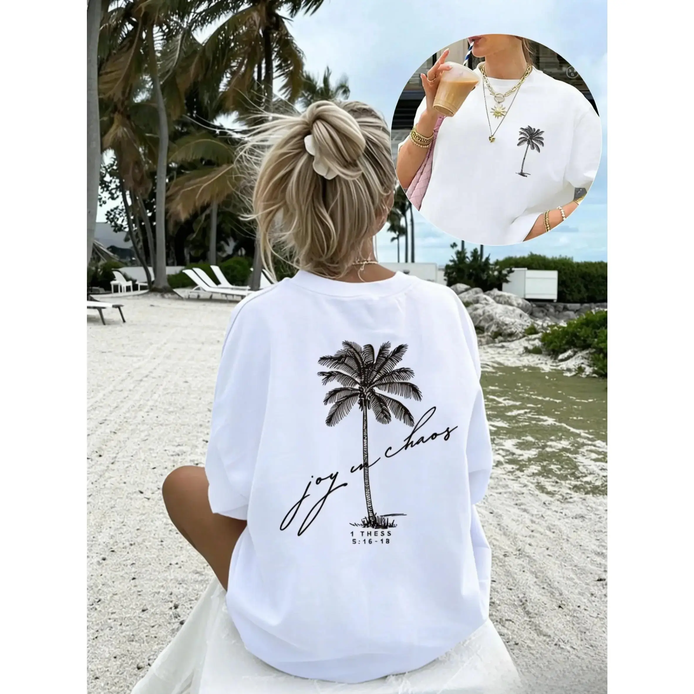 Women's Loose-Fit Casual Round Neck T-Shirt, Coconut Tree Print, Soft Breathable Fabric, Perfect for Daily and Beach Wear, Stylish Comfortable Multi-Purpose Shirt, Lady
