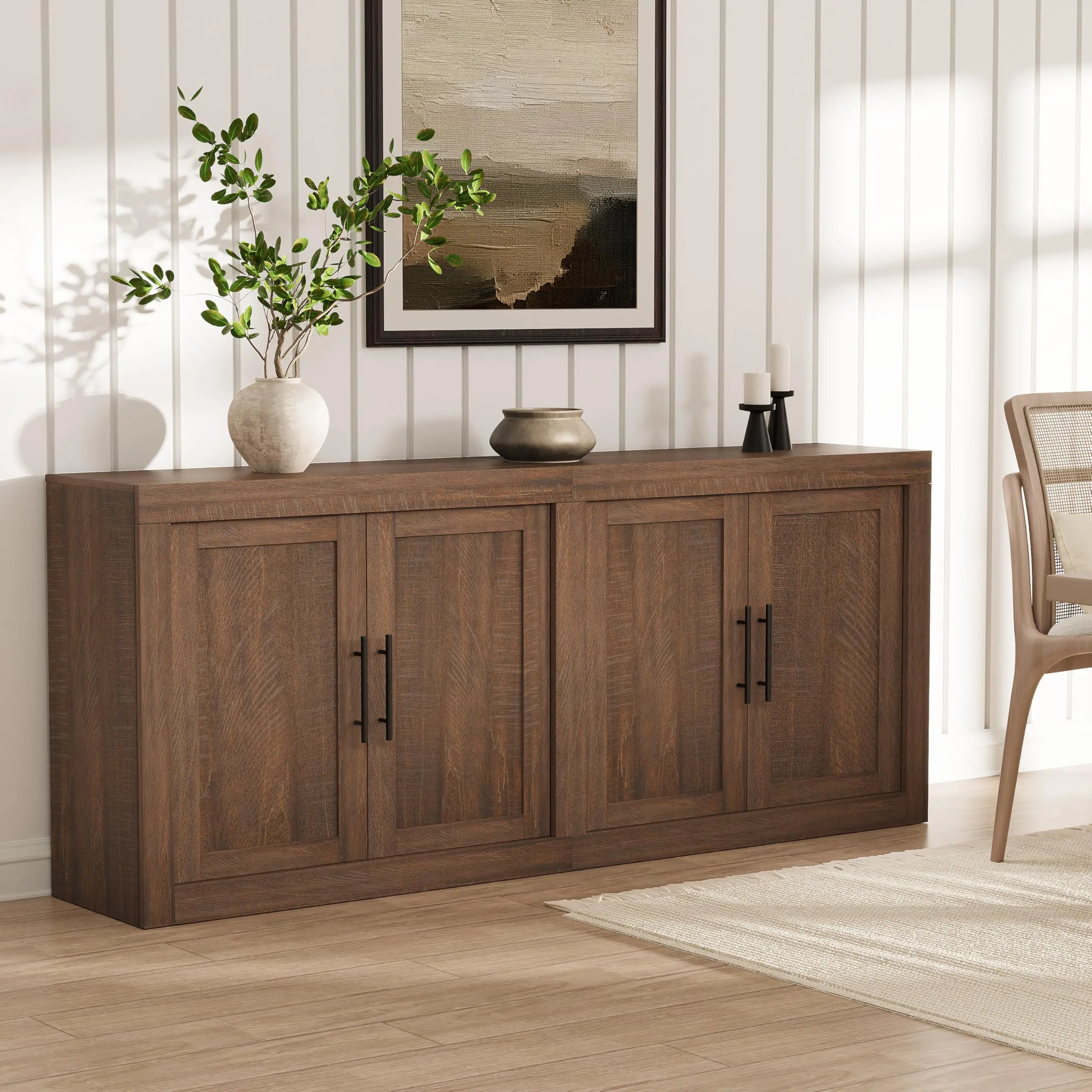 70" Wide Modern Storage Sideboard Buffet Cabinet, Sturdy Wood Credenza with Thick Tabletop & 4 Glass Doors, Coffee Bar Console for Kitchen Dining Living Room