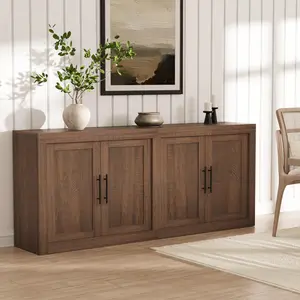 70" Wide Modern Storage Sideboard Buffet Cabinet, Sturdy Wood Credenza with Thick Tabletop & 4 Glass Doors, Coffee Bar Console for Kitchen Dining Living Room