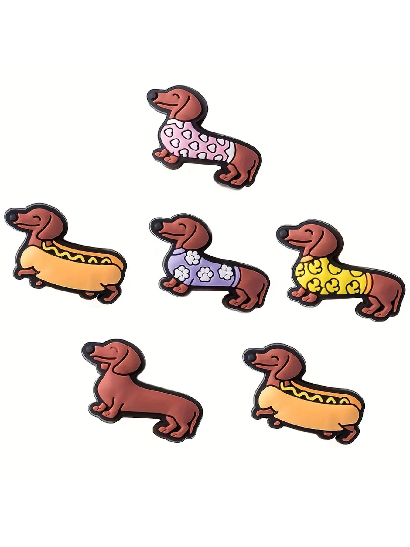6 Piece Cute Weiner Dog Theme Shoe Accessories Set, Sweatshirt Hot Dog Cartoon Puppy Soft Gel Decorative Shoe Face Attachments, Cute Shoe Charms