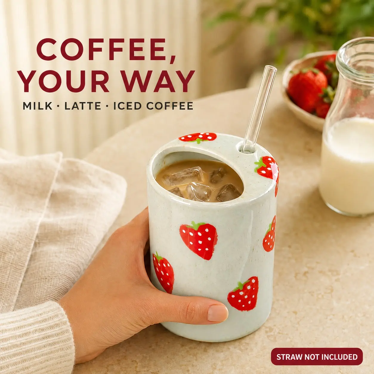 Handmade Ceramic Coffee Straw Cup, 300ML Vintage Hand-Painted Wide Mouth Dual Hole Drinkware, Strawberry Pattern, No Handle, Creative Gift