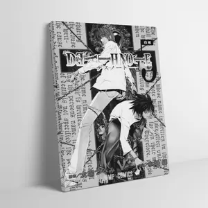 Death Note Light Yagami L Framed Canvas Wall Art for Adult Fans, Mid-century Modern Black Flash Anime Comic Print, Y2K Y3K Aesthetic Room Decor, 1980s Retro Cinematic Bedroom Poster for Grunge Teens Gen Z