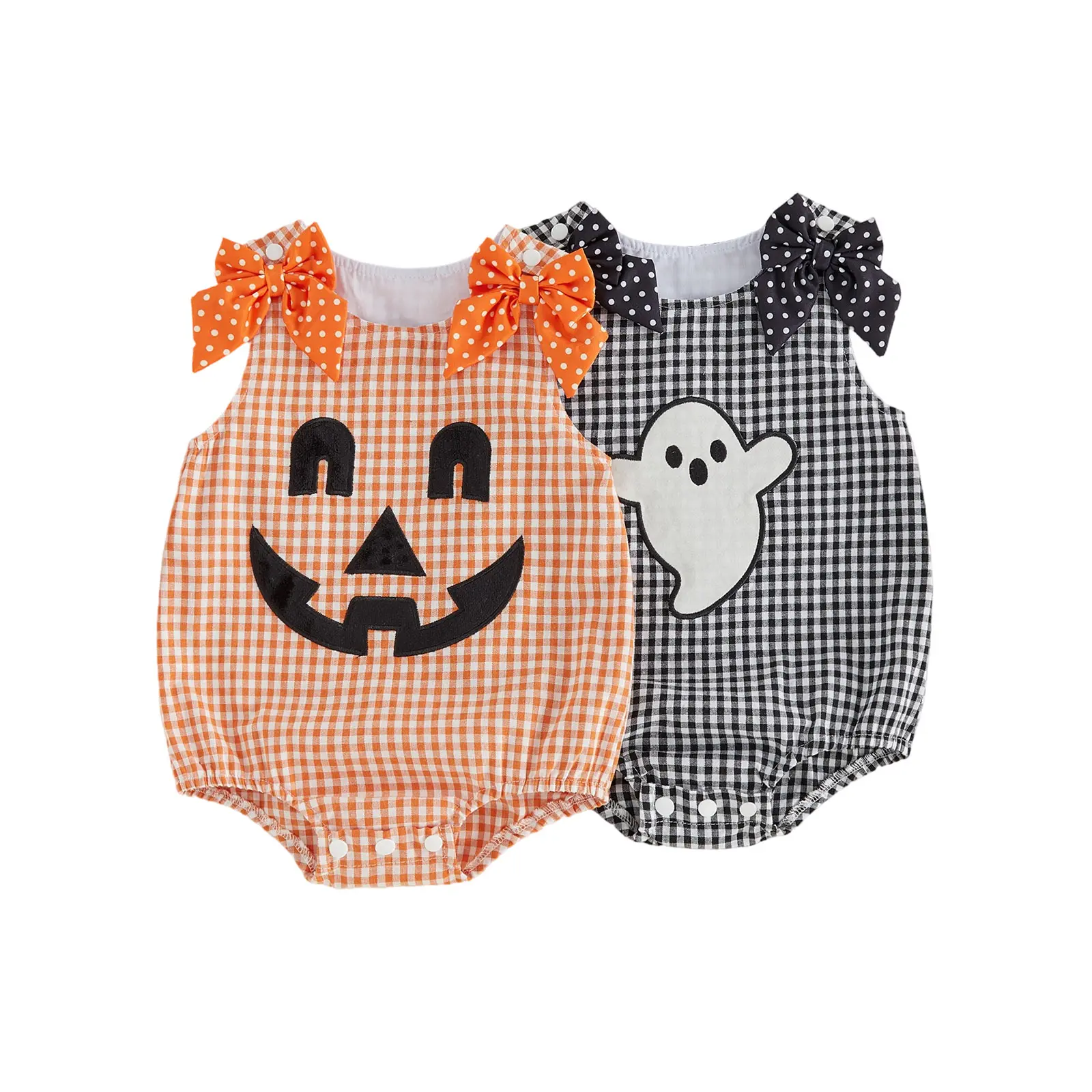 Infant Baby Girl Halloween Plaid Jumpsuit Sleeveless Ghost Embroidery/Pumpkin Romper 0-18 Months, Baby Items, Polyester Blend