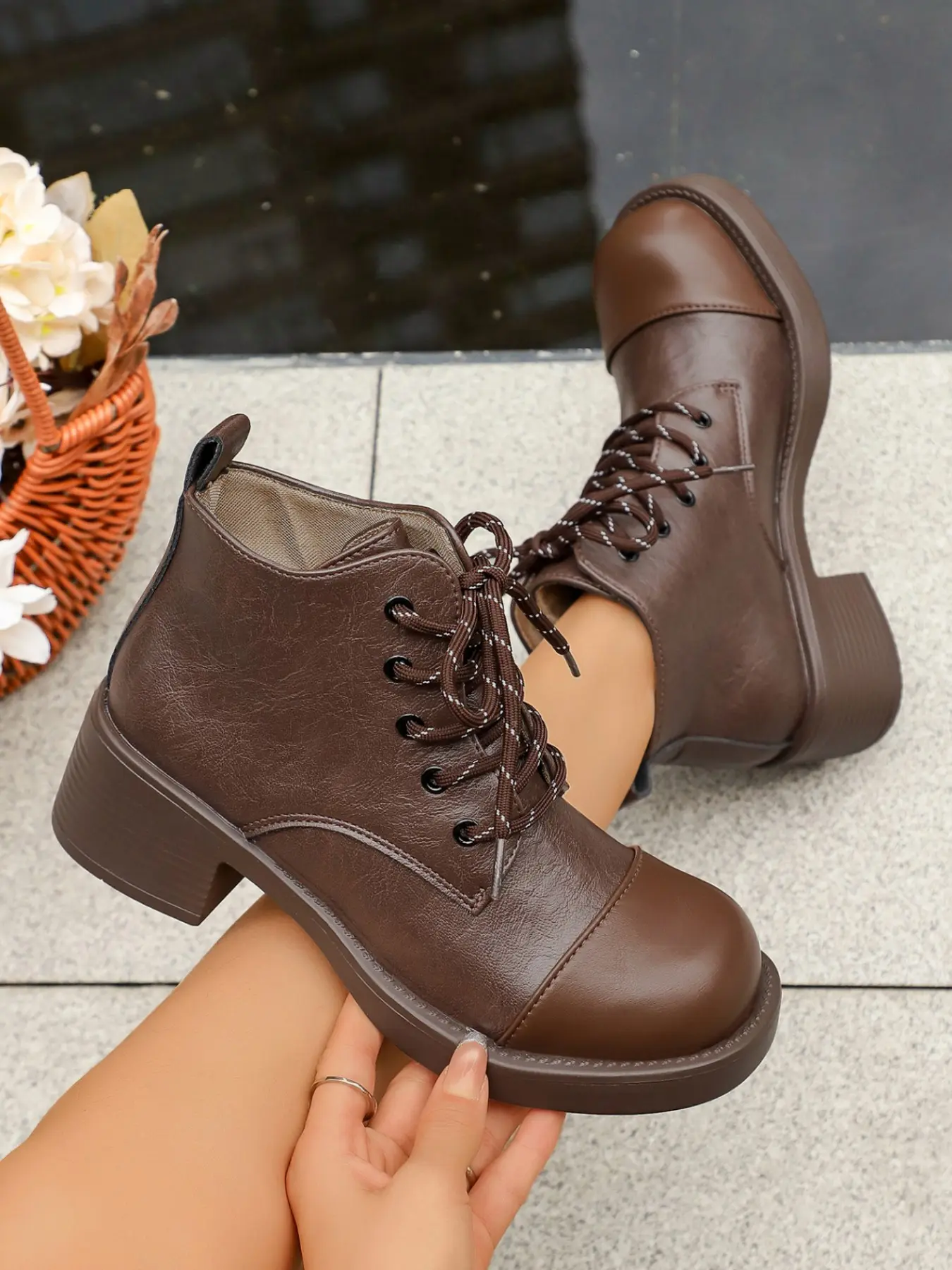Round Toe Flatform Ankle Boots, PU Leather Casual Shoes, Medium Width, Fall & Winter, Retro Workwear Style, Women's Footwear