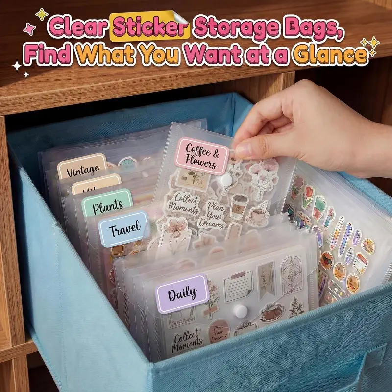 12 Pack Sticker Organizer, Clear Snap Closure Plastic Envelopes, Waterproof Durable Storage Pouches, Mixed 4 Sizes (3Pcs for Each Size) for Stickers, Washi Tape, Scrapbooking & Stamping Supplies
