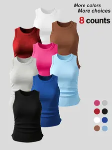 Women's Sporty Fitted Vest, Breathable Comfortable Sleeveless Top, Plain Pattern, All Seasons, No Button or Zipper, Multi-Pack