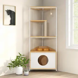 ARCH Corner Cat Tower with Scratching Post, Cat Tree Condo with Feeding Station and Climbing Platforms, Multi-Level Pet Furniture for Indoor Cats, Particle Board, White Leg White Light Oak, 58.27 in Tall, White Leg + White + Light Oak Color Options