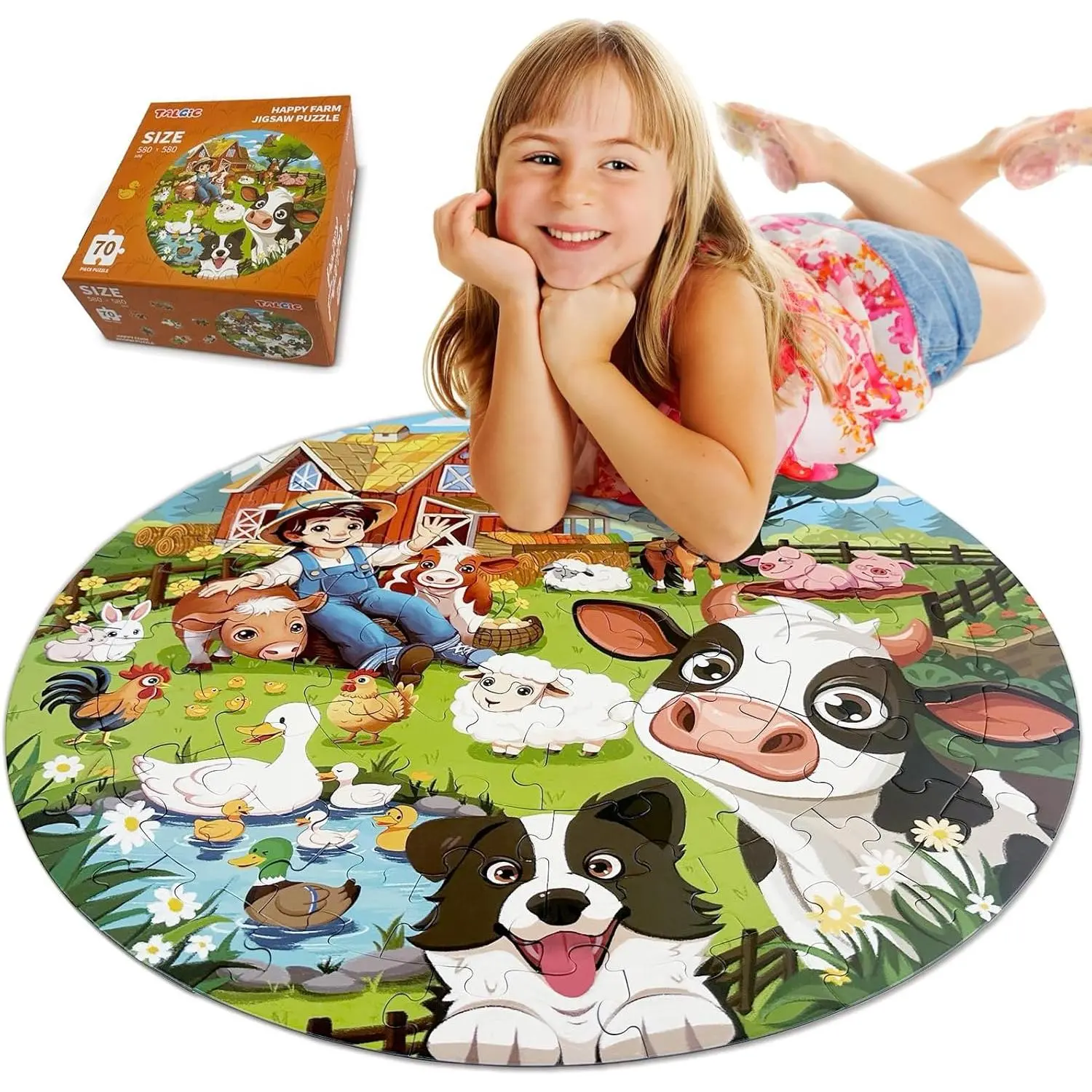 Kids' 70-Piece Round Beginner Floor Puzzle, Sturdy Versatile Educational Toy with Vibrant Farm Animals & Barn Design, Entertaining Talgic Gift for 3-4 Years Olds