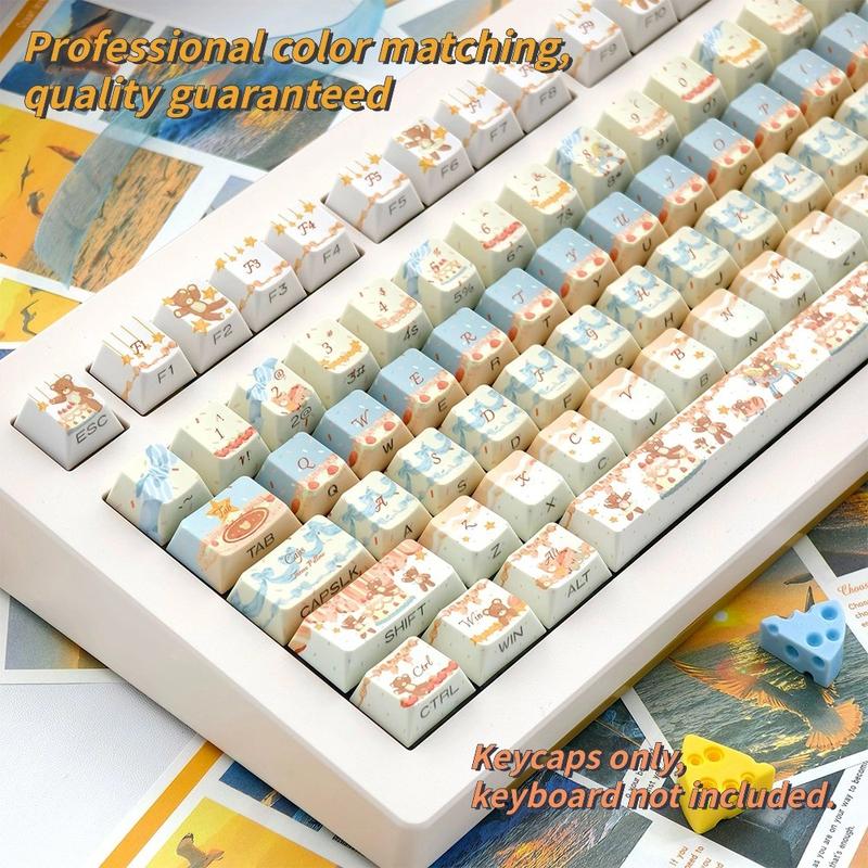 New 120-key Cream Bear Themed Side-Engraved Translucent Keycaps, CHERRY Profile Double-Shot PBT Material, Adopting 5-Side Dye-Sublimation Technology, Wear-Resistant, Anti-Shine, Mechanical Keyboard Keycaps, Gaming Keyboard Keycap