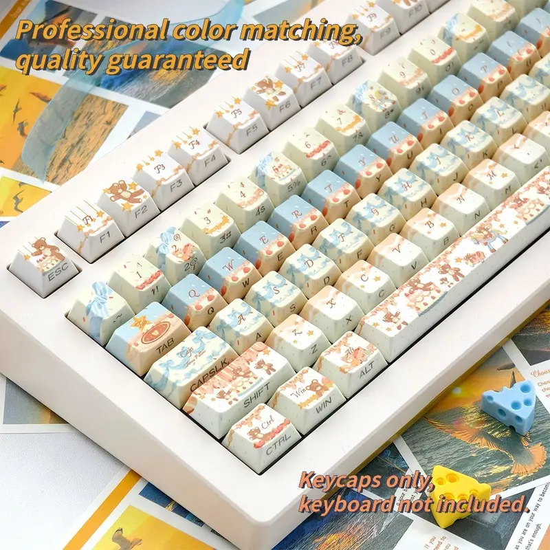 New 120-key Cream Bear Themed Side-Engraved Translucent Keycaps, CHERRY Profile Double-Shot PBT Material, Adopting 5-Side Dye-Sublimation Technology, Wear-Resistant, Anti-Shine, Mechanical Keyboard Keycaps, Gaming Keyboard Keycap