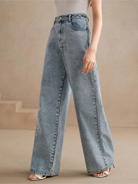 Women's embroidered, personalized, washable straight-leg denim, elastic, comfortable and versatile denim trousers