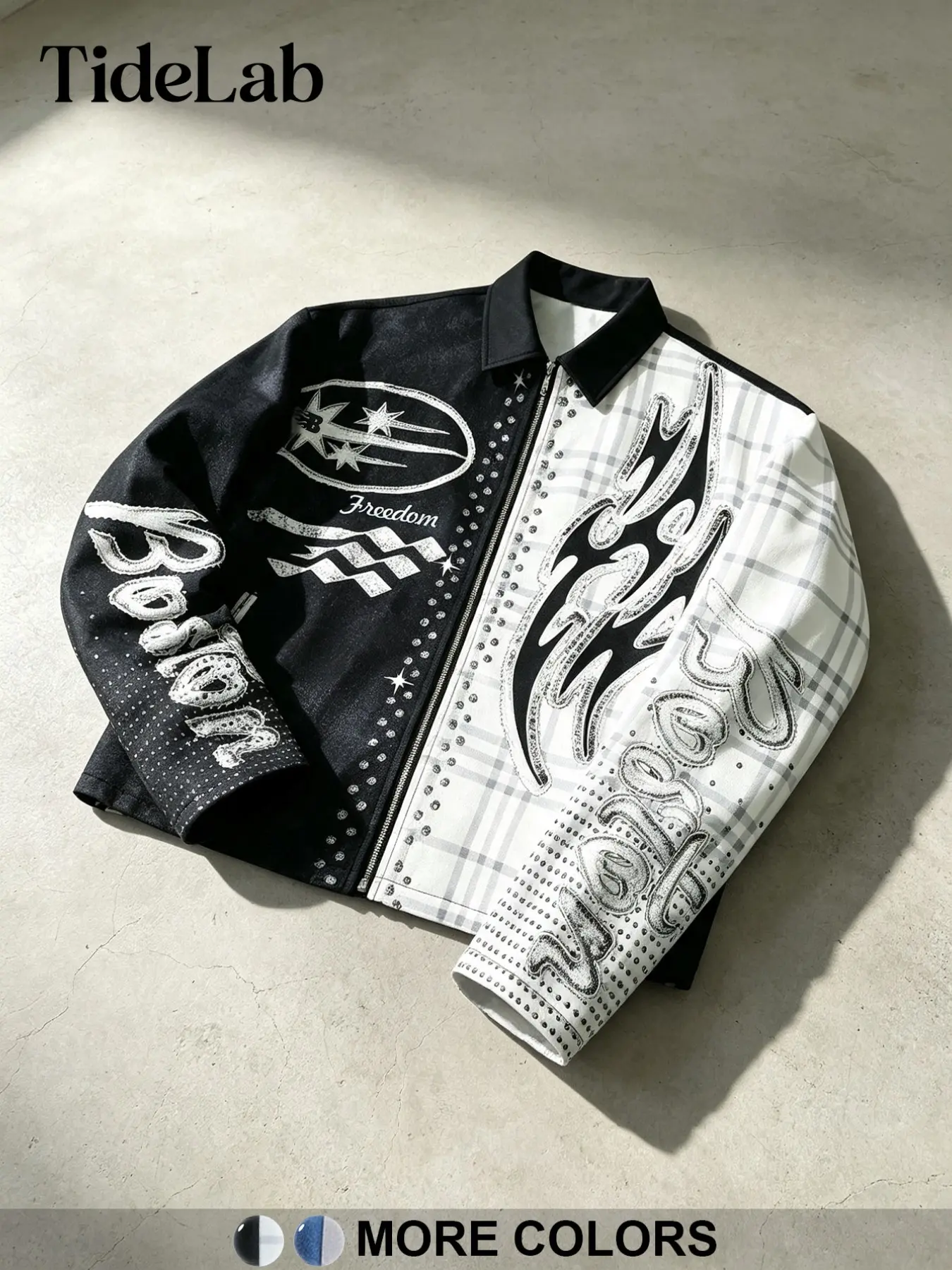 Unisex Plaid Lapel Star Vintage Print Loose Motorcycle Jacket, Stylish Casual Outerwear for Men and Women, Trendy Fashion Piece