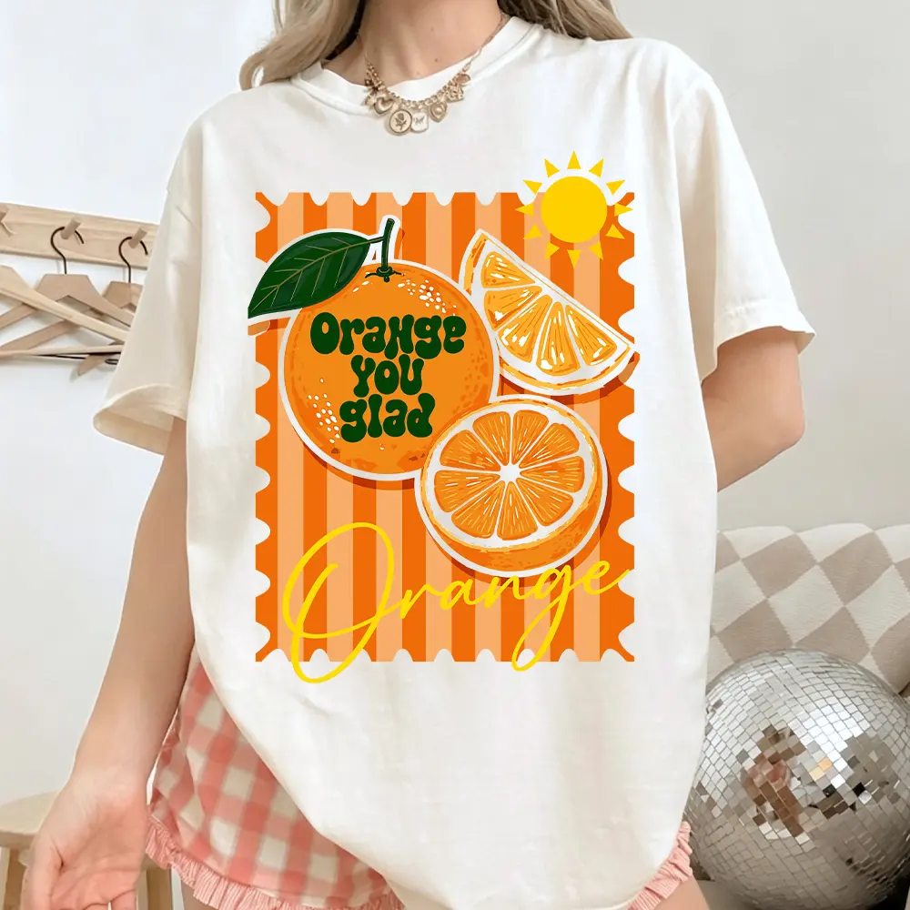 Unisex T-Shirt with "Orange You Glad" Graphic, Vintage-Style Breathable Cotton Fabric, Casual Relaxed Fit for Everyday Wear, Funny
