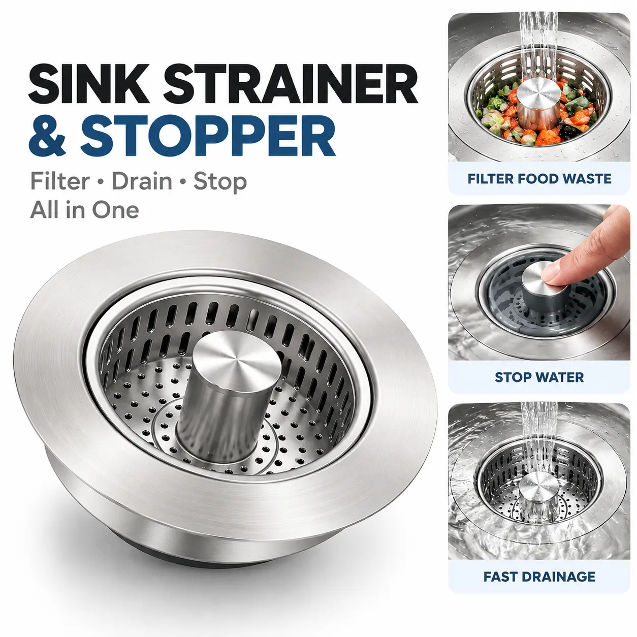 3 in 1 Kitchen Sink Drain Strainer, Stainless Steel Pop Up Sink Stopper, Larger Anti-Clogging Basket, 3-Layer Seal, Detachable Drain Plug for US Standard  Drain, Brushed Nickel,home decor-YY2