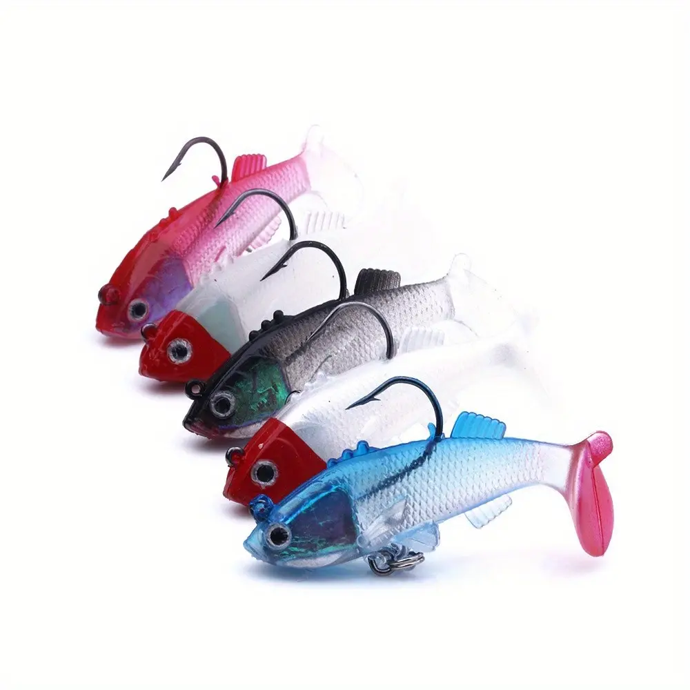 5pcs T-Tail Soft Plastic Fishing Lures Kit, Fishing Jigs, 2.36" Realistic Swimbaits with Jig Heads, Paddle Tail Bass Baits for Bass, Pike, Walleye & More
