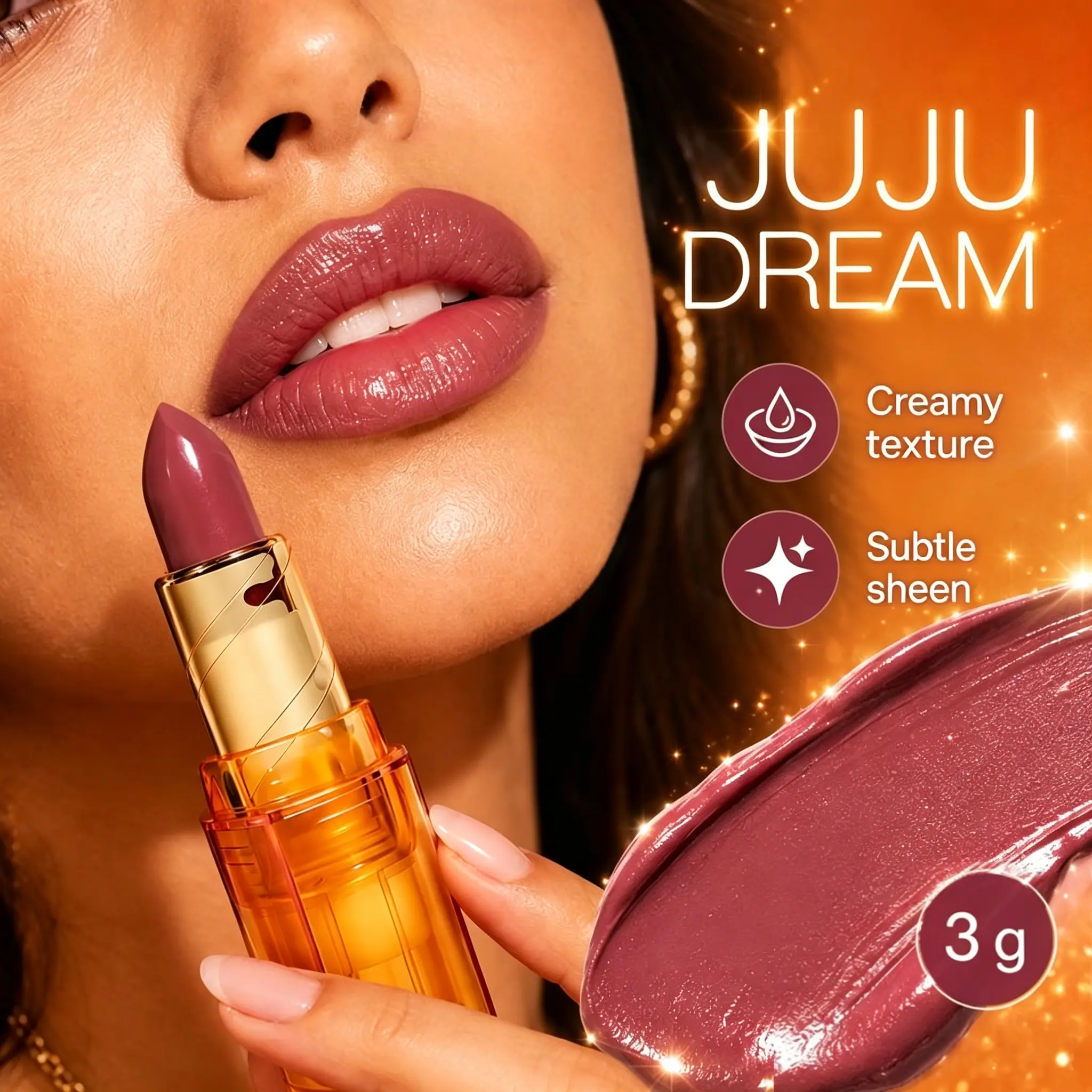 JUJU DREAM 3 Shades Creamy Glossy Lipstick. Rich buttery creamy glide-on texture delivers delicate luminous sheen and subtle glassy luster, evenly pigmented one-swipe full coverage, deeply hydrates dry lips for non-drying comfortable all-day wear.