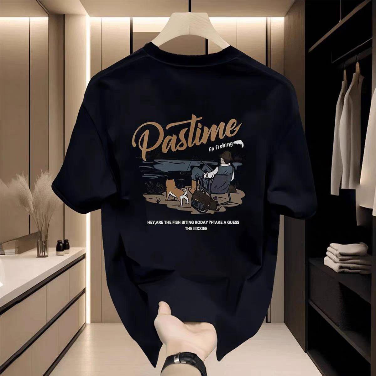 "Pastime Go Fishing Vintage Illustration T - Shirt – Retro Angler & Dog Graphic Tee with 'Hey Are The Fish Going Roony?Take A Guess The Inlovee' Slogan, Black Casual Streetwear for Men & Women"