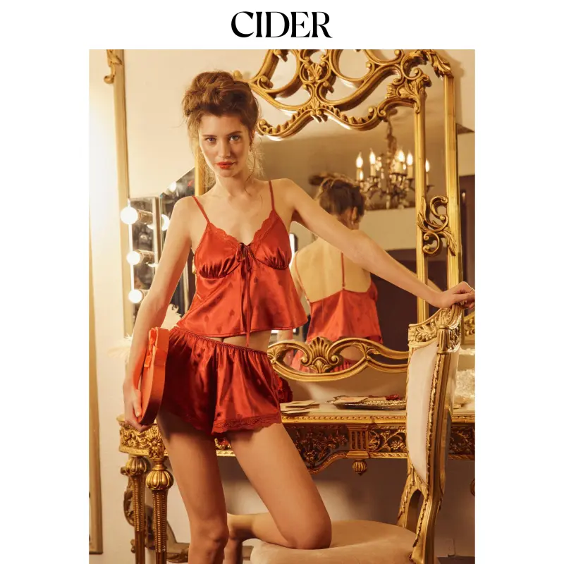 Cider Satin V-Neck Heart Graphic Cami Top & Mid Rise Lace Trim Shorts Loungewear Set