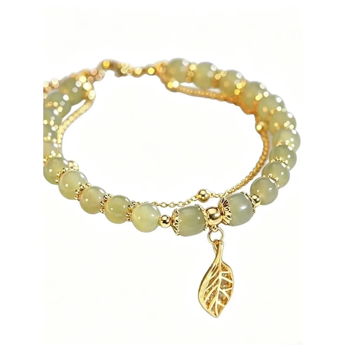 Elegant Green Jade Bracelet for Women, Trendy Leaf Charm Bangle with Double Chain Design, Vintage Chinese Inspired Fashion Jewelry, Minimalist Adjustable Wrist Bracelet for Girls, Stylish Daily Wear Accessory & Unique Gift for Any Occasion