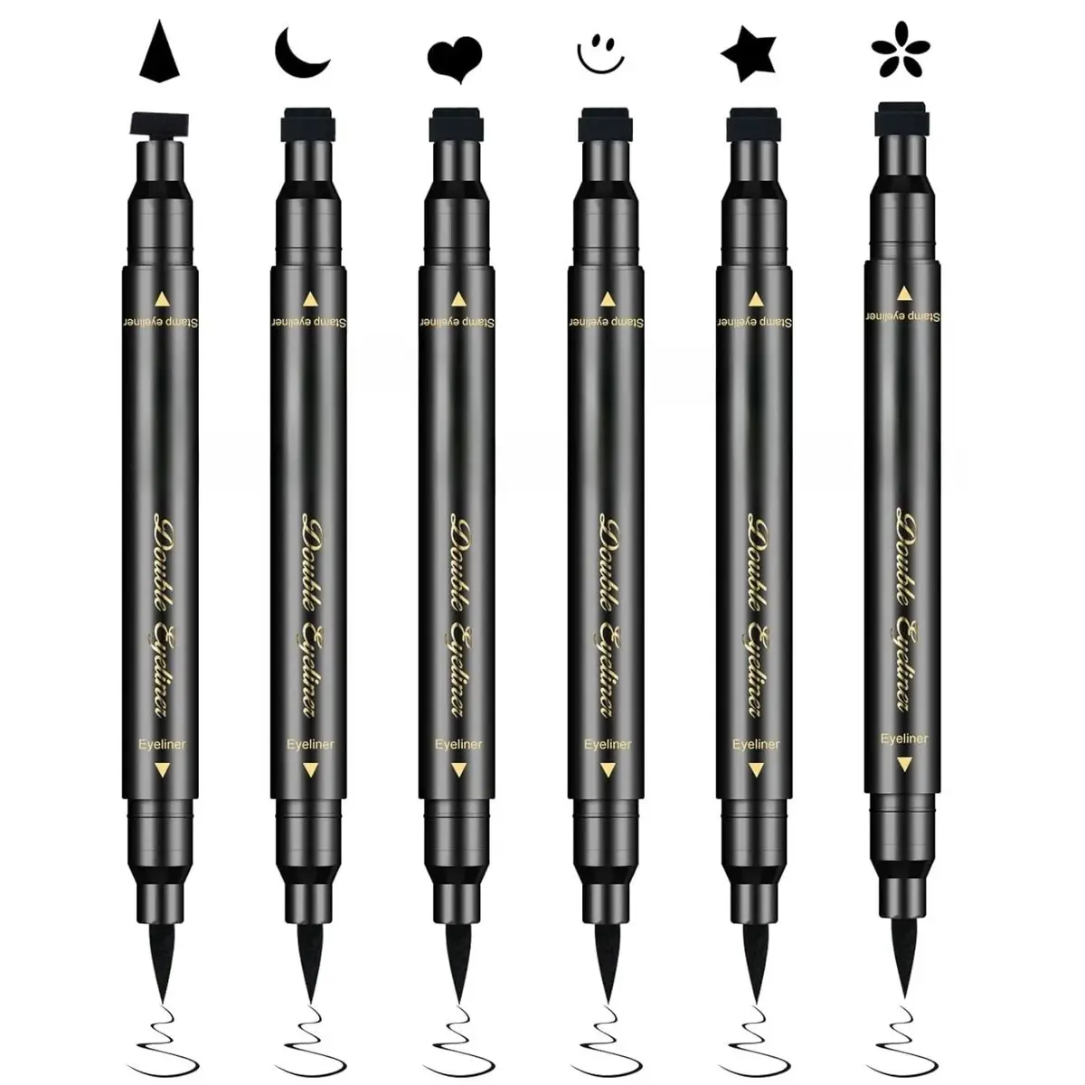 Eyeliner Stamp 6 Pack, Double-Ended Waterproof Liquid Pen, Whimsical Cosmetic with Star, Moon & Flower Shapes, Black, Beginner Friendly, Winged Eyeliner Tool, Beauty Products, Graphic Eyeliner