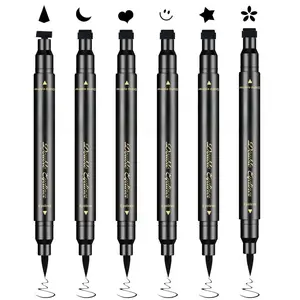 Double-Ended Eyeliner Stamp Pen Set, 6 Pack Waterproof Black Liquid Liners with Wing and Shape Stamps for Easy Cat Eye Makeup, Lipliner, 5Pcs