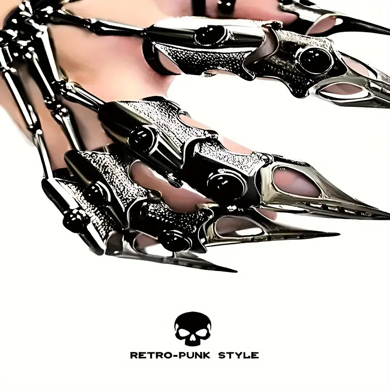 Adjustable Sci-Fi Mechanical Glove Set, Featuring A Unique Skeleton And Claw Ring Design, Classic Silver And Black Color Scheme, And Metallic-Textured Knuckle Gloves, Ideal For Party Decorations, DíA De Los Muertos Celebrations, And Cosplay Costume Access