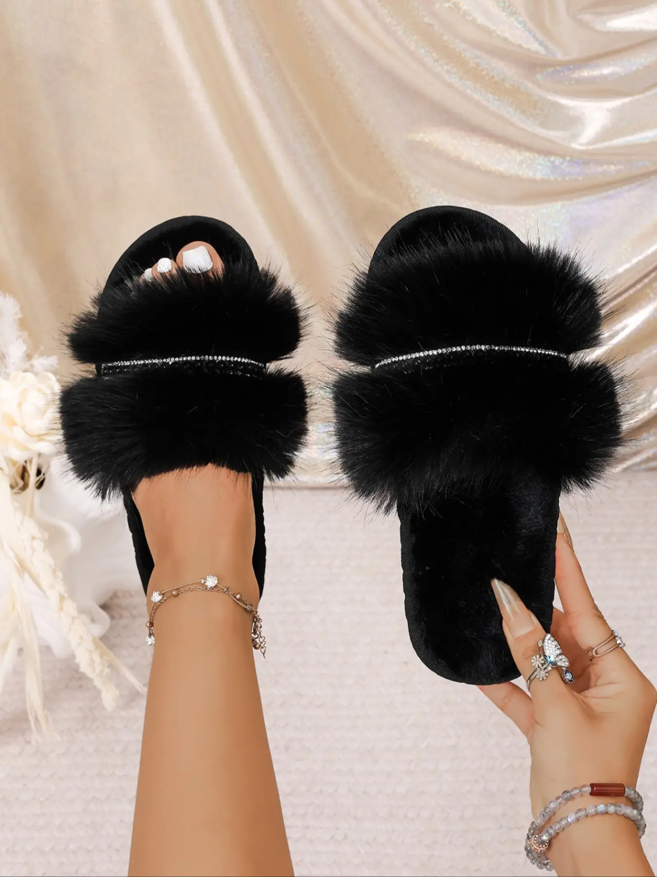 Women’s Cute Fuzzy Open Toe Slippers with Sparkling Rhinestone Strap Decor, Fluffy Soft Lining, Comfort House Slippers, Versatile Autumn Winter Footwear for Indoor Use & Short Outdoor Trips