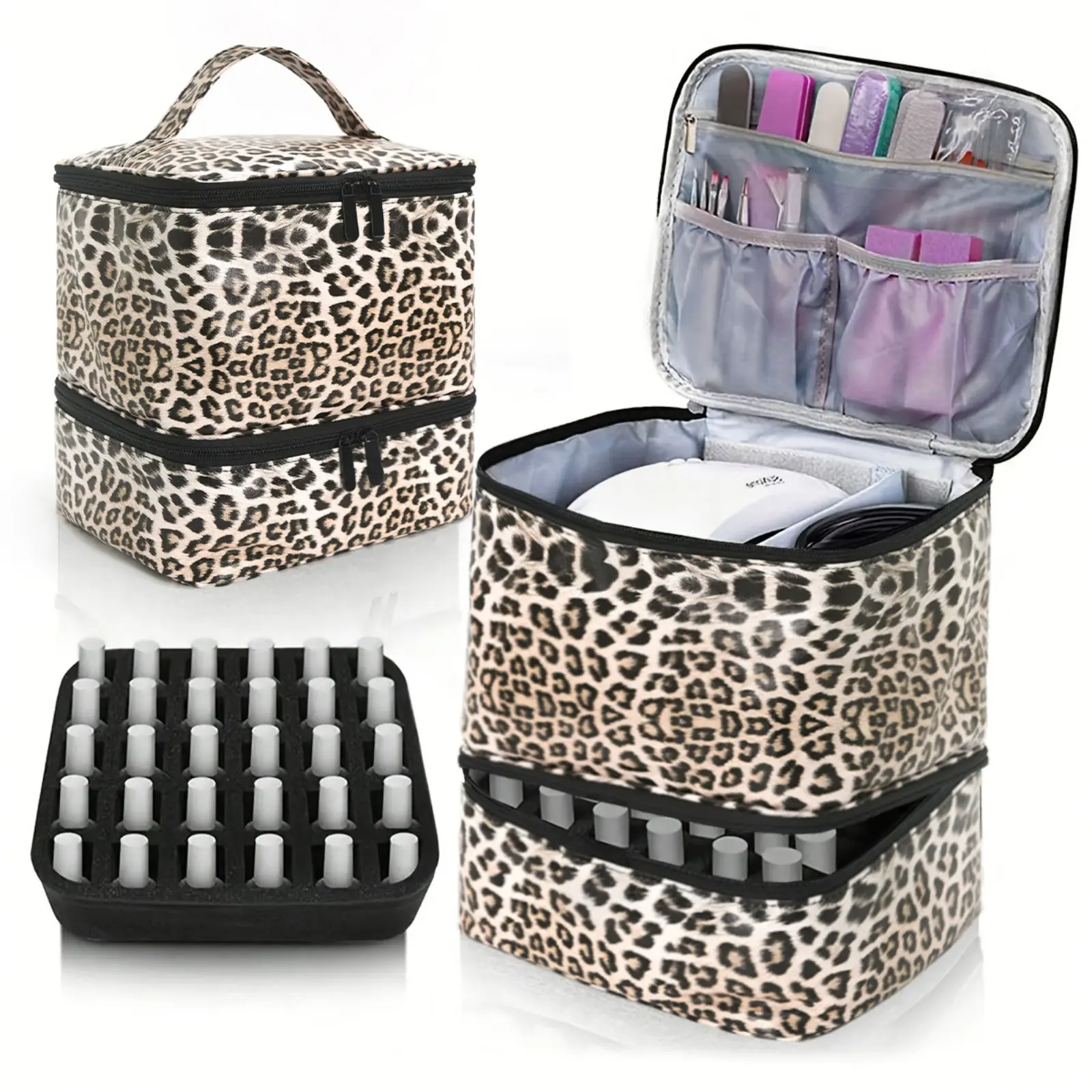 Nail Tech Storage Bag, 2026 Trend Leopard Print Double Layer Nail Polish Organizer Case, 30 Bottles Nail Supplies Portable Carry Tote Bag, Multi Pocket Manicure Tool Travel Makeup Bag, Detachable Removable Nail Bottle Holder for Salon Home DIY Nail Art