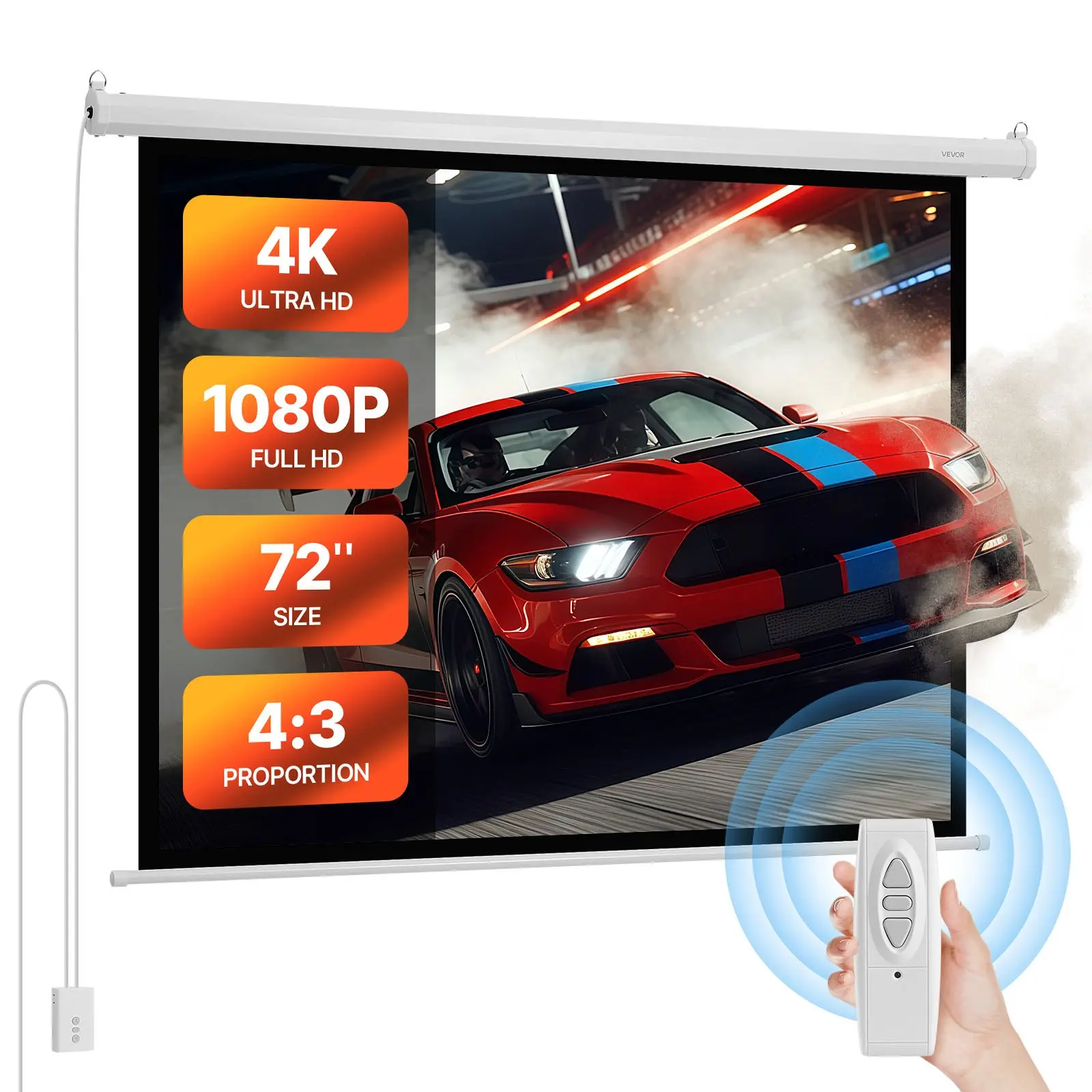 【DealsForYouDays】VEVOR Motorized Projector Screen, 72 inch 4:3 1080 HD Electric Projection Screen, Wall Mounted Projection Dispaly Projector with Remote Control, Automatic Movie Screen for Family Home Office Theater