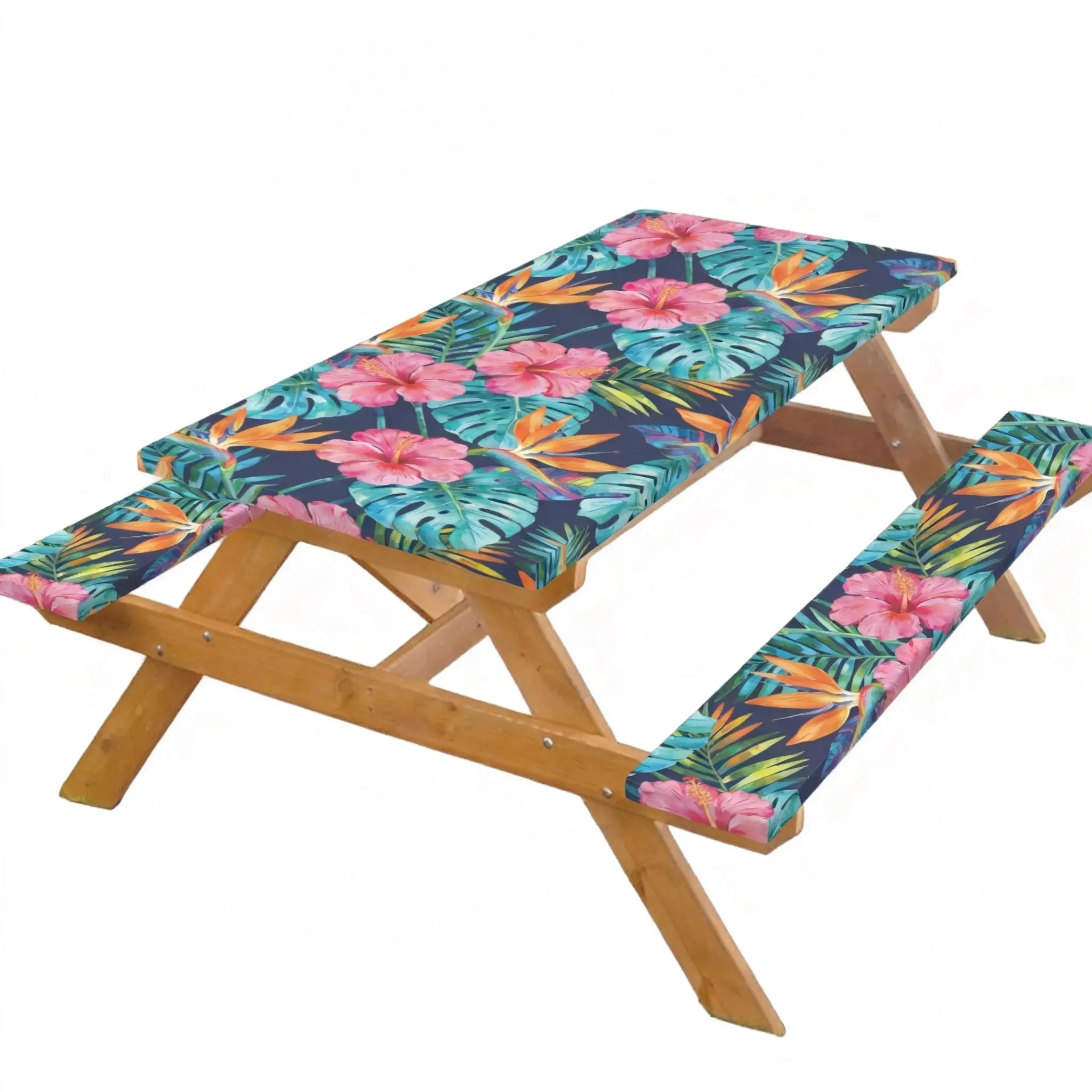 Fitted All-Weather Waterproof Picnic Table & Bench Cover Set (72x30 in), 2 Tropical Hibiscus Full-Bloom Prints, for Backyard Camping Exotic Outdoor Home Decor (Home Supplies Festive Decorations)