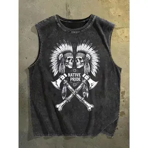 Men' Native Pride Native Graphic Sleeveless Shirt - Vintage Skull Chief Headdress & Double- Print Tank Top, Crew Neck Asymmetrical Hem, Casual Summer Outfits Suitable for Festivals, Themed Events, Casual Attire