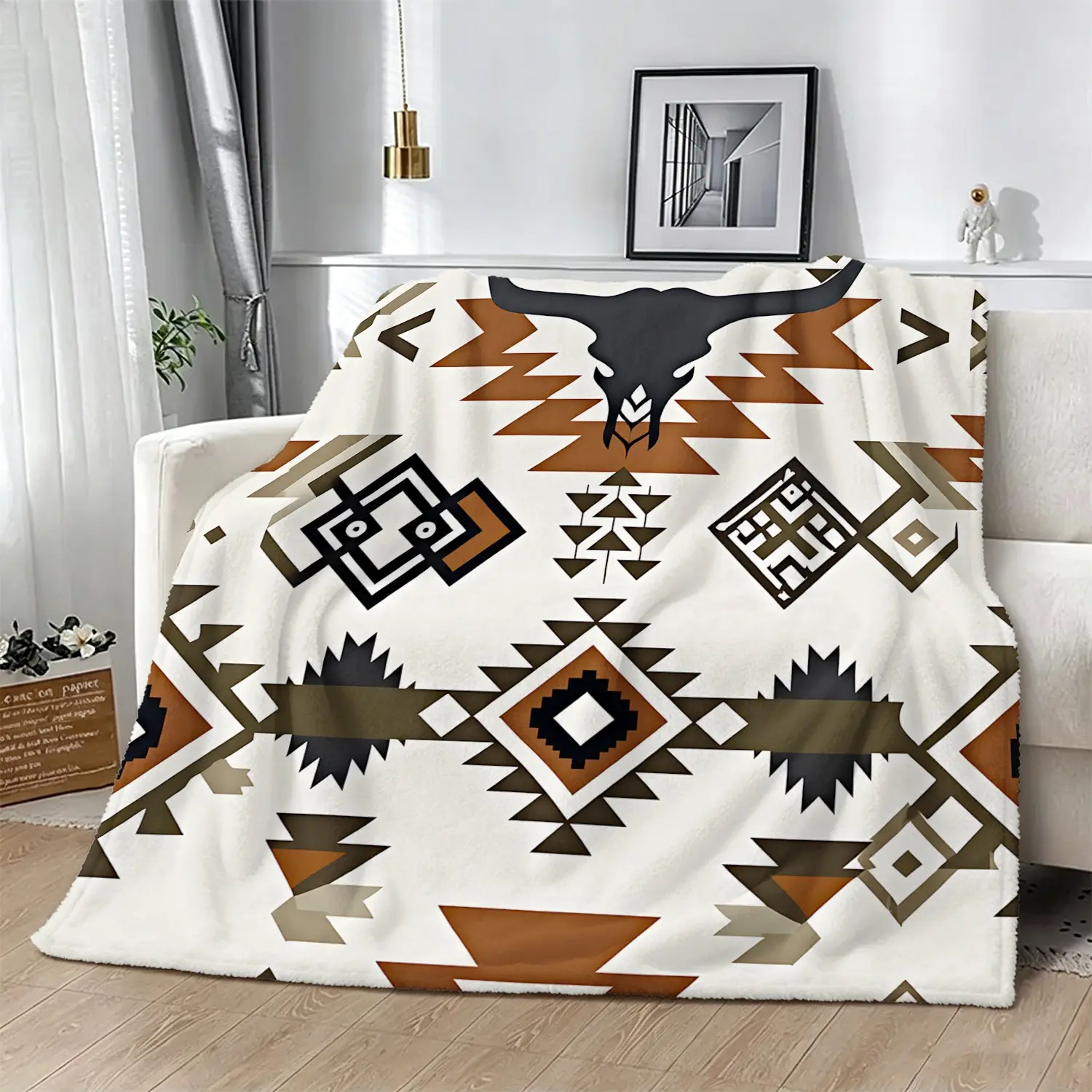 Full Print White Base Black Longhorn Skull Southwest Aztec Tribal Pattern Throw Blanket, Plush Western Farm Sofa Throw & Premium Rustic Gift Blanket for Casual Ranch Cabin Apartment Decor, Reading Nook