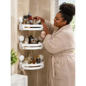 Bathroom Corner Storage Shelf with Strong Suction Cups, Drill Free Shower Organizer for Toiletries Cosmetics Perfume Body Mist and Toothbrush, Quick Drain Hollow Basket with Smooth Guard Rail and Hanging Hooks, Renter Friendly Home Organizer for Christmas