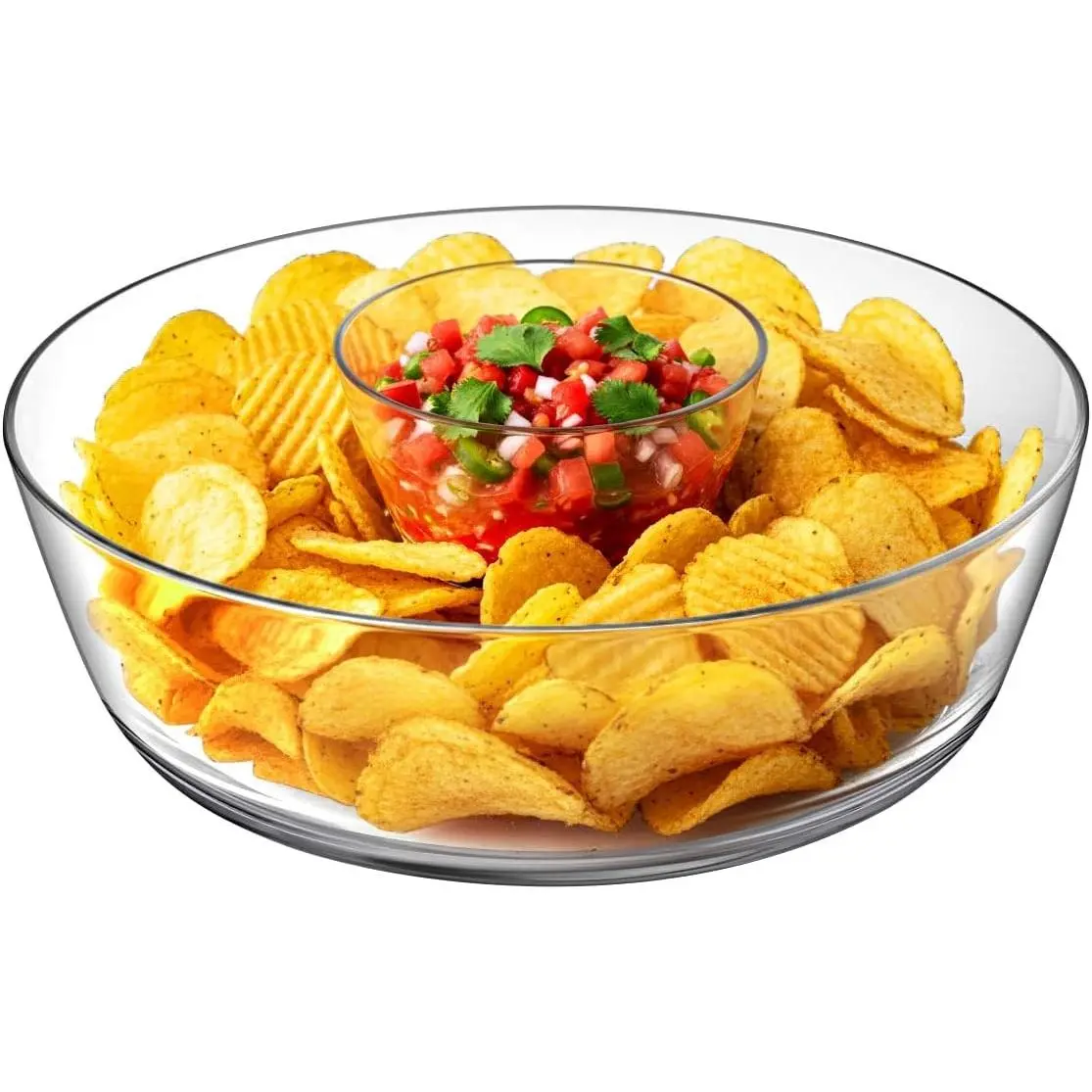 Plastic Chip and Dip Bowl, Clear Unbreakable Serving Platter, BPA-Free Dishwasher Safe Party Appetizer Tray for Chips, Salsa, Veggies, Snacks & More