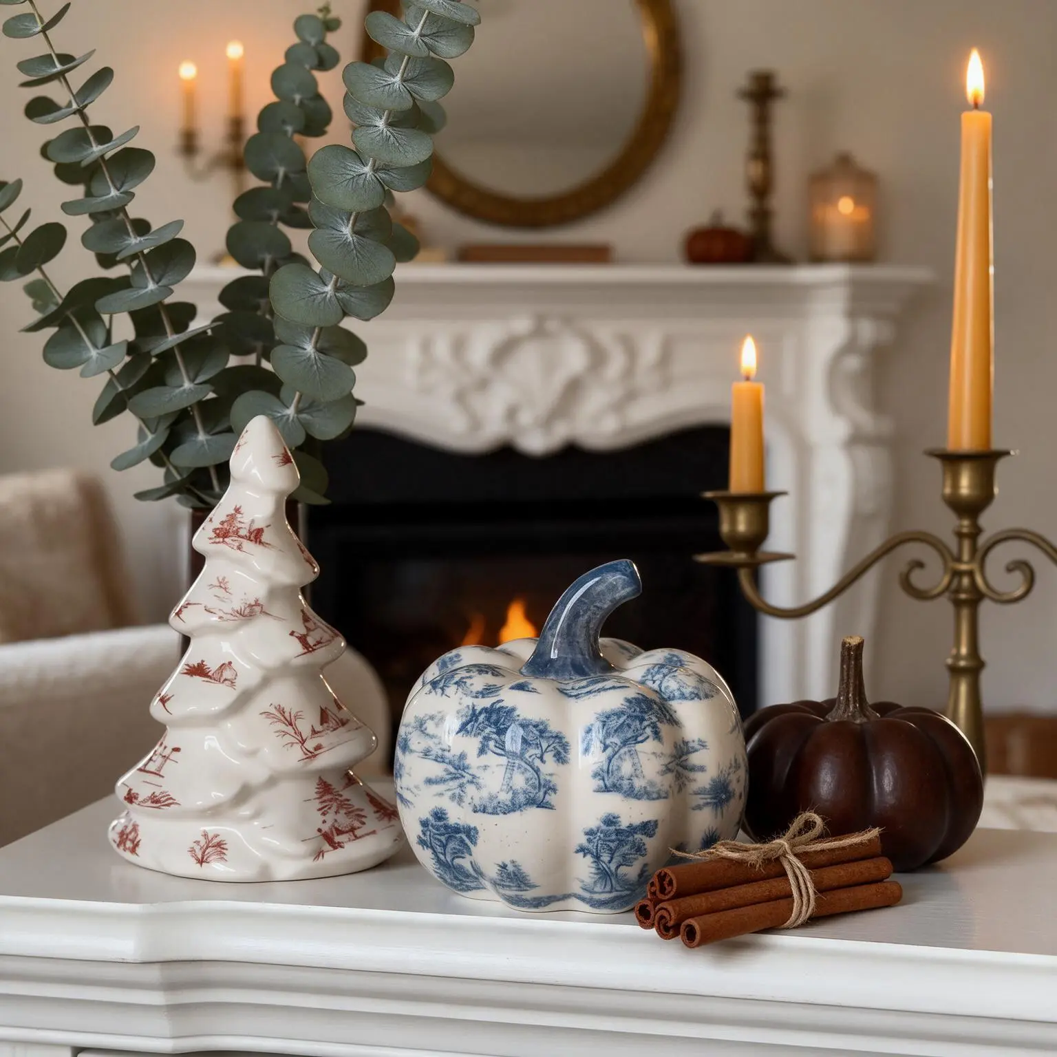 Sayzineo Vintage French Toile Pumpkin Decor for Halloween Thanksgiving Tabletop Fall Blue White and Coffee-colored Ceramic Pumpkin Figurine Farmhouse French Country Home Decor Ornaments Home Soft Decoration