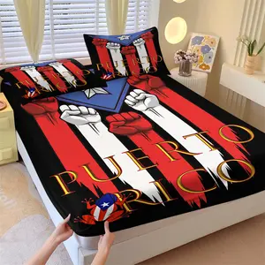 3Pcs Puerto Rico Flag Fist & Coqui Frog Print Fitted Sheet Set, Black Background Clenched Fist PR Flag Pattern with 2 Pillowcases, Soft Breathable Polyester Fabric, Puerto Rican Patriotic Bedroom Decor, Multiple Sizes